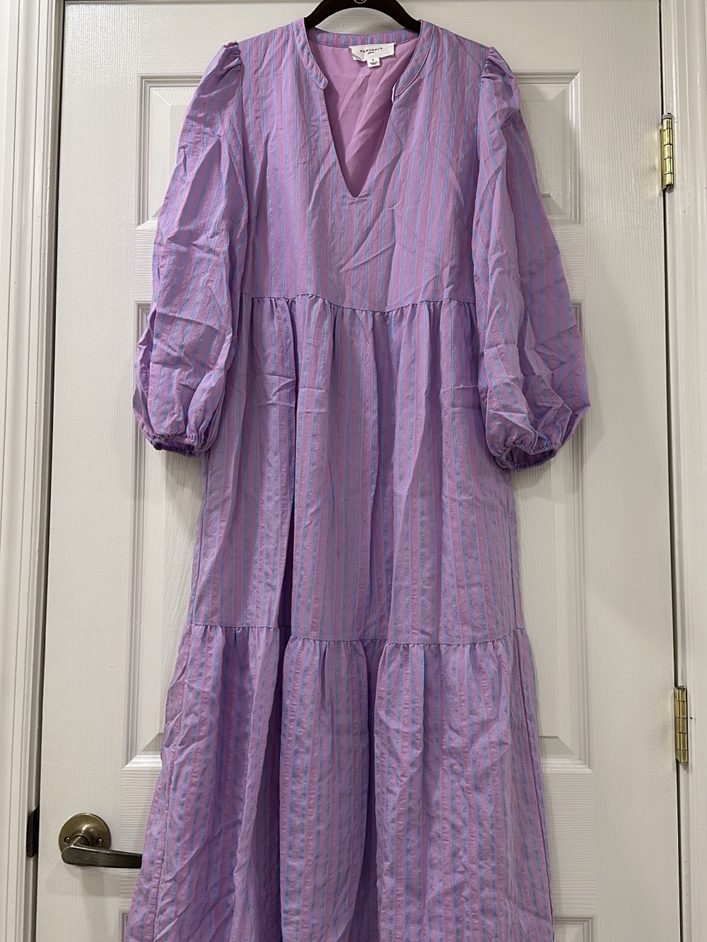 Pomander Place Lavender Striped Tiered Midi Dress